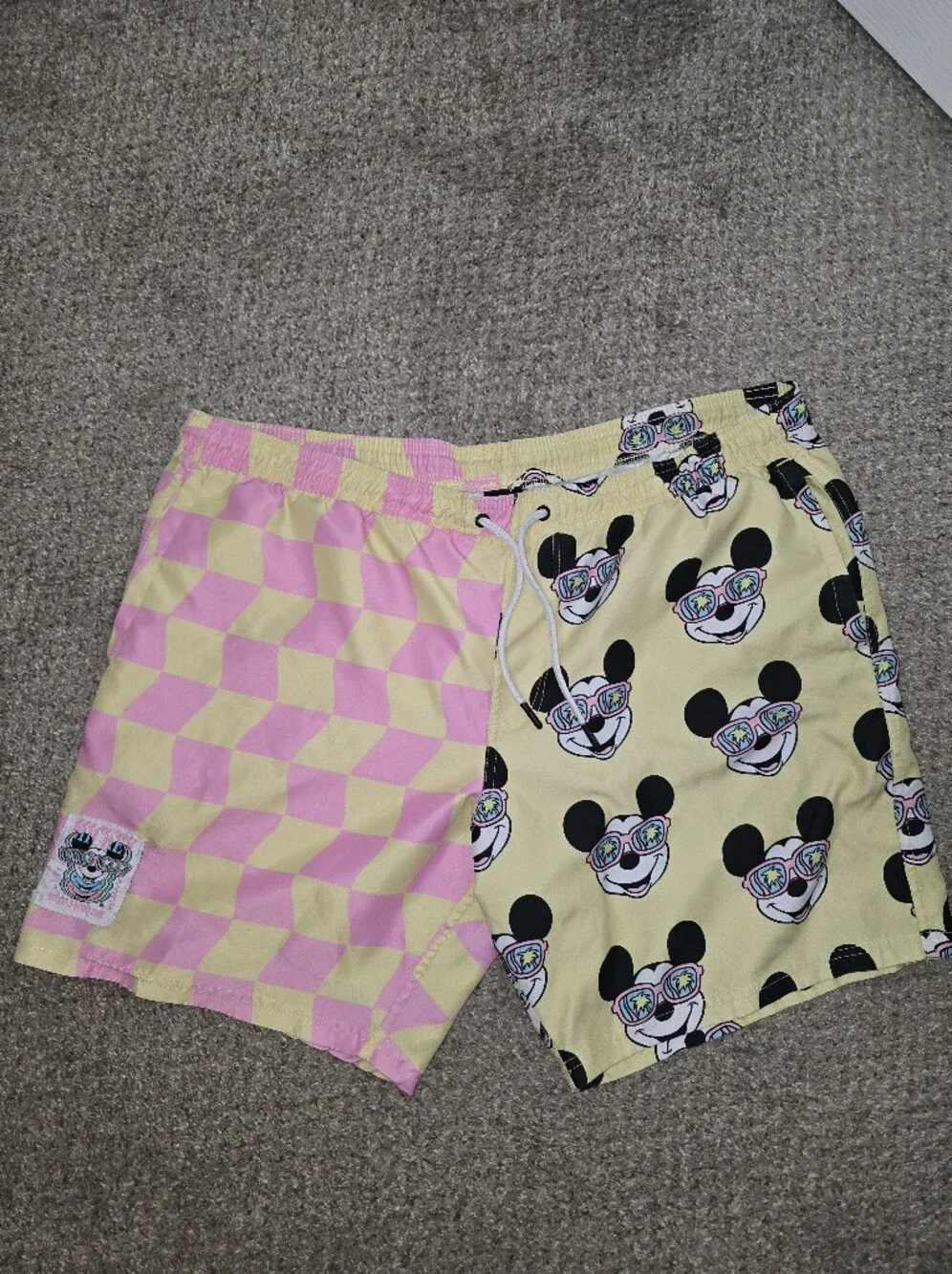 Neff × Disney Yellow & Pink Checkered Mickey Print Swim Shorts Size XL